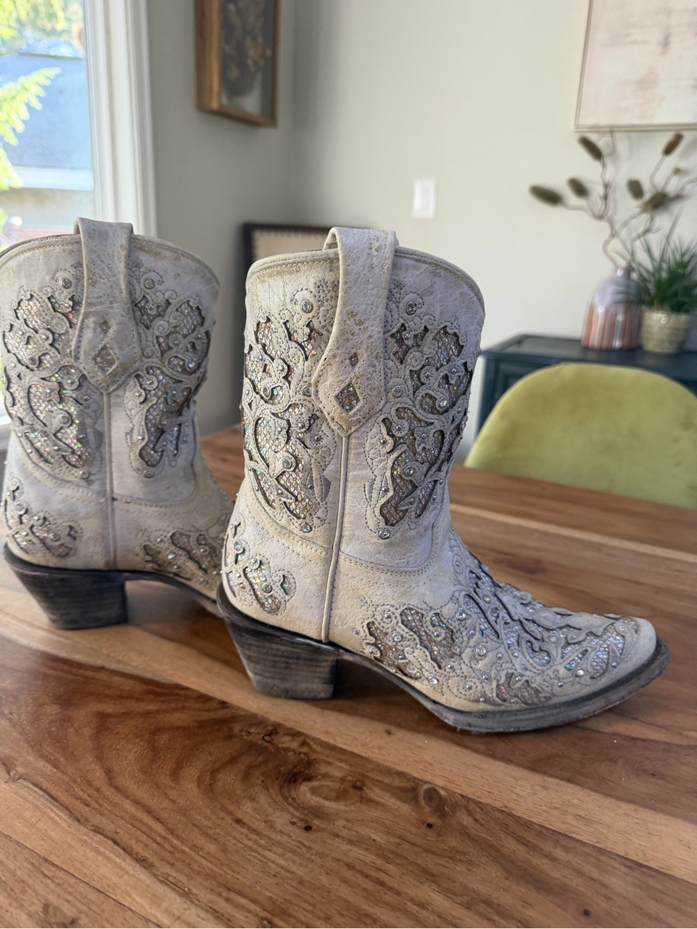 White Glitter Inlay & Crystals Ankle Boots